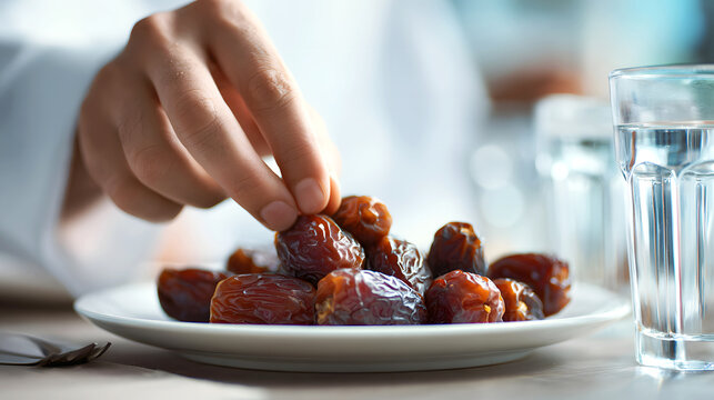 The hand of an Asian Muslim man taking a brown date on a white plate with water in a glass beside it, as takjil or a light snack to break the fast during the month of Ramadan.