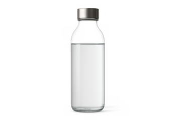 Empty stylish glass water bottle with a metal lid hovering above, depicting hydration, sustainability, and healthy lifestyle on transparent background