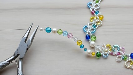Handmade jewelry creation process showing round nose pliers holding wire with colorful crystal beads and pearls on a wooden table
