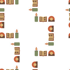 A simple, scattered seamless pattern featuring a minimal arrangement of books and candles in earthy, rustic autumn colors.