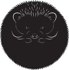 Stylized vector illustration of a hedgehog curled into a protective ball, black silhouette art, isolated design