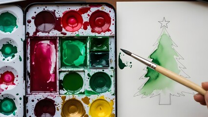 Close-up of artist hand painting watercolor Christmas tree on white paper next to messy paint palette