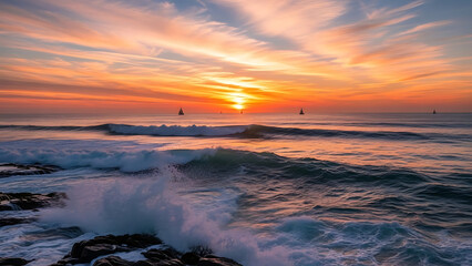 Obraz premium A spectacular and colorful sunrise over the ocean with powerful waves crashing against a rocky shore and sailboats on the horizon