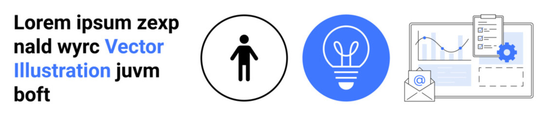 Creativity, innovation, business strategy, data analysis, organization, productivity. Human icon, light bulb and document graphics. Creativity and data strategy by the icons