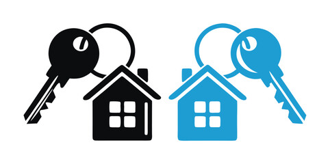 Fresh house keys with house shaped key chain offers a new beginning, vector property and real estate purchase icons.
