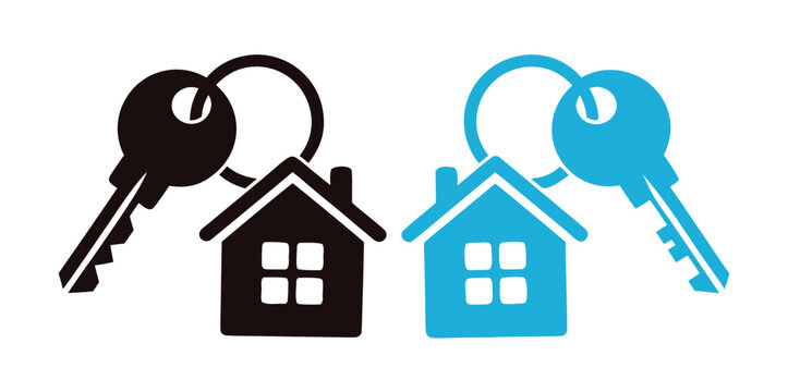 Fresh house keys with house shaped key chain offers a new beginning, vector property and real estate purchase icons.
 - Powered by Adobe