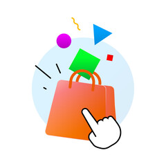 colorful illustration of shopping bag with cursor pointer. online shopping, diverse product choices, multi category purchases. for digital marketplaces, promotional ads, retail marketing materials