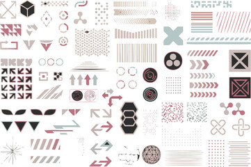 Modern vector design elements set featuring geometric shapes, minimalist patterns, arrows, and HUD assets. isolated PNG with Transparent Background