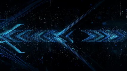 A dark digital background with an abstract arrow in the center. Light blue and aqua highlights over a dark, blurred space - Powered by Adobe