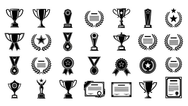 Collection of black and white award icons and achievement symbols