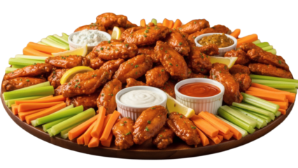 Large platter of delicious chicken wings with vegetables and dips isolated on transparent background