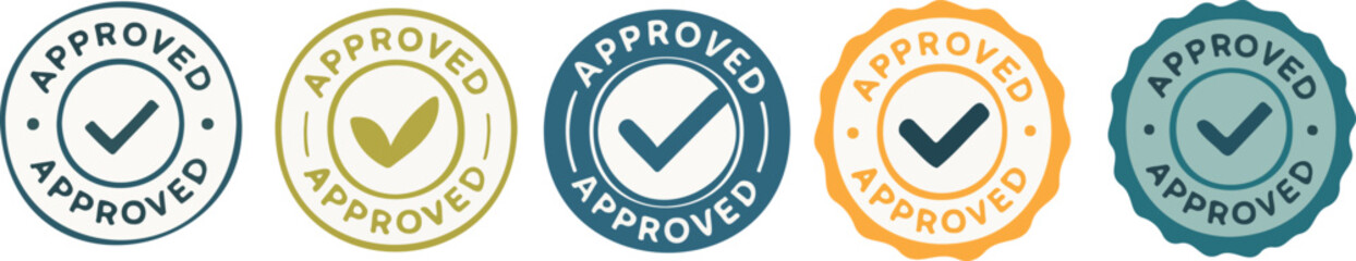 Collection of Approved certification stamp icons and checkmark badges in various colors isolated PNG with Transparent Background © Nasira's studio