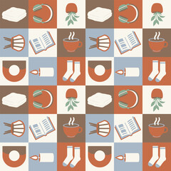 A vibrant, retro-inspired, geometric, seamless pattern featuring blocks of warm, cozy elements like books, candles, and coffee.