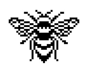 Black pixel art bee illustration. cute retro style insect.