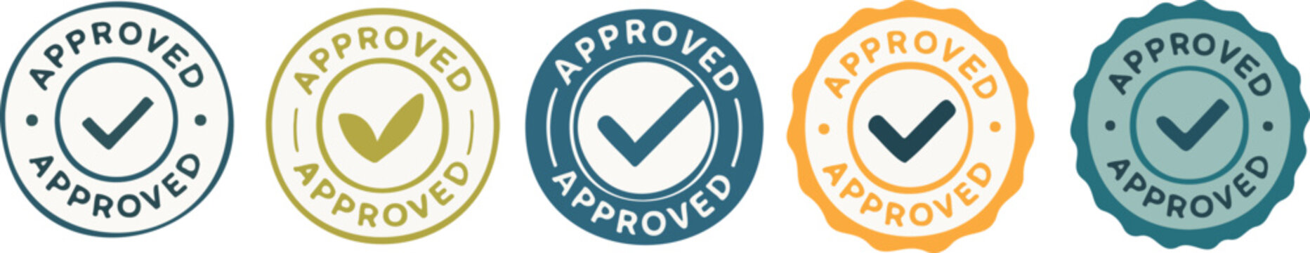 Collection of Approved certification stamp icons and checkmark badges in various colors isolated PNG with Transparent Background