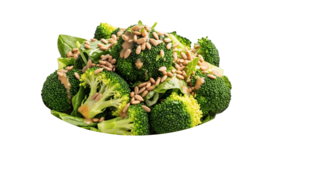 Freshly prepared broccoli florets with seeds isolated on transparent background
