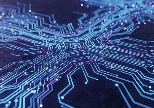 Abstract glowing blue circuit board with intricate network connections - Powered by Adobe