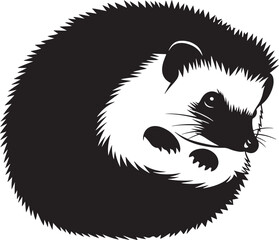 Hedgehog curled into a protective ball, black and white minimal vector illustration for animal and wildlife themes.