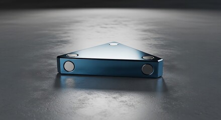 Metallic Blue Triangular Prism on Dark Surface with Circular Detailing