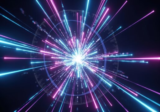 Vibrant neon light streaks exploding from center in dark space