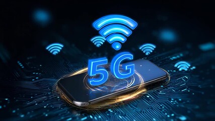Modern smartphone technology showcasing 5G connectivity and wireless signals on a digital circuit background - Powered by Adobe