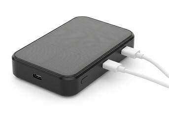 Black rectangular solar power bank with two white USB cables plugged in. Portable charger technology for outdoor and sustainable energy needs.