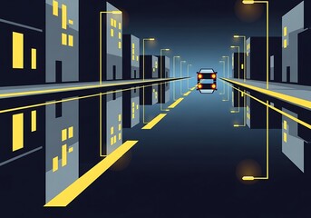 Neon cityscape reflection with single car creating a modern city vibe