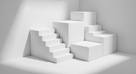 Trendy white color 2026 year. Abstract white geometric shapes with stairs and cubes in a minimalist studio for product display. Modern backdrop for presentation or branding.