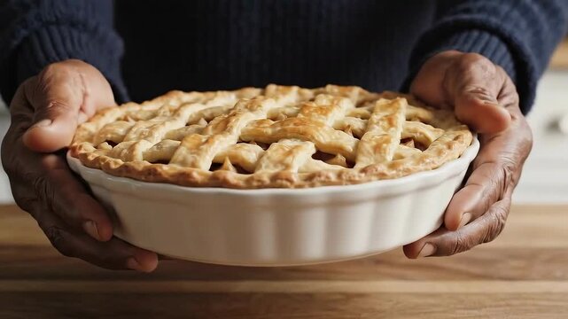 Homemade Baked Apple Pie Held by Hands in Kitchen