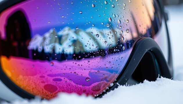 A close-up of ski goggles reflecting snowy mountains and colorful droplets.