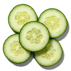 Freshly sliced cucumber rounds with visible seeds and green rind isolated on white background