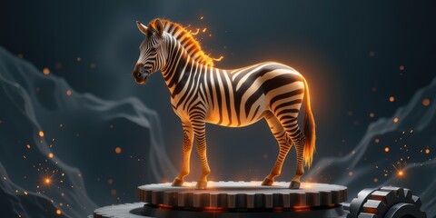 Obraz premium Zebra illuminated in a dramatic setting with sparkles and mechanical elements.