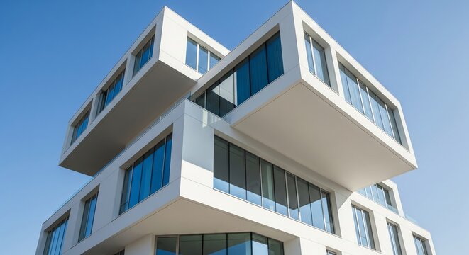 Trendy white color 2026 year. Modern white building with geometric design and large windows reaching towards a clear blue sky. Contemporary architecture for real estate and urban development. - Powered by Adobe
