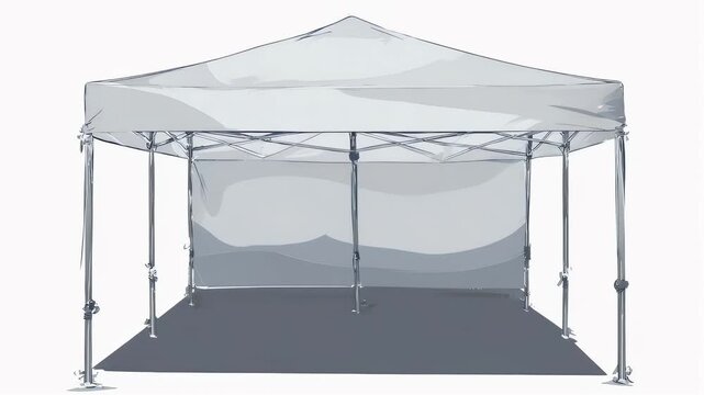 A light gray pop-up canopy, sketched, has a sloped roof. Four supports hold it up with a floor. The walls of the canopy have a light design