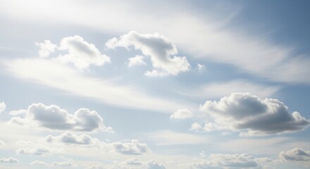 Obraz premium Trendy white color 2026 year. Fluffy white clouds float in a bright blue sky. Natural aerial background for tranquil and serene graphic design.