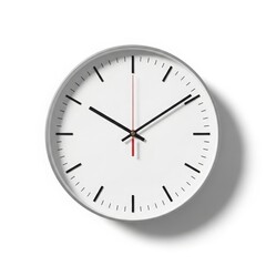 A simple modern white wall clock with black hour markers and hands isolated on white background