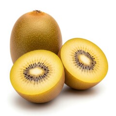 Fototapeta premium Whole and halved golden kiwifruit displayed together as a fresh fruit composition isolated on white background