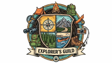 Obraz premium Explorers Guild Emblem with Camping and Nature Elements.