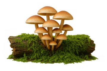 Group of forest mushrooms growing on a decayed tree trunk surrounded by lush green moss, set against a clear backdrop
