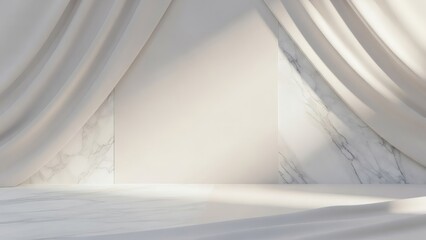 Obraz premium Elegant white curtains frame a marble backdrop with soft light and shadows, creating a serene and luxurious atmosphere.