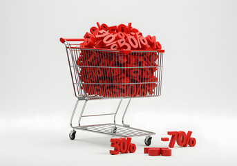 Shopping cart full of red discount percentage signs isolated on white