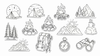 Collection of Hand Drawn Camping and Outdoor Adventure Icons.