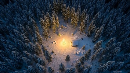 Aerial View of Cozy Winter Campfire in Snow Covered Forest at Night