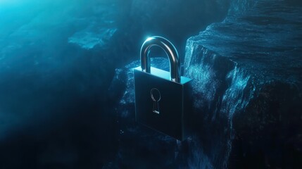 enigmatic security: a luminous padlock atop a weathered cliff face, bathed in atmospheric blue hues and hinting at secure realms