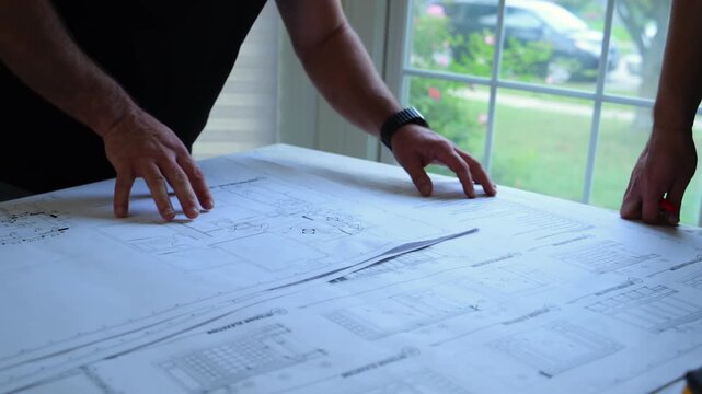 Architecture design project discussion, architect designer engineering team discussing interior drawing of building, floor plan, drafting printed on paper.