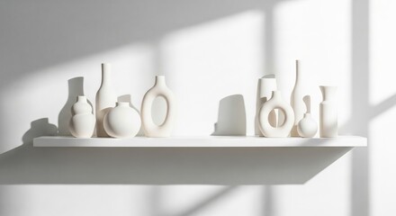 Trendy white color 2026 year. Collection of white ceramic vase and bottle decor on a shelf with harsh shadows. Minimalist stylish interior design aesthetic for home decoration.