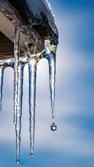 Shimmering icicles dripping melting water with sun starburst on a bright blue sky