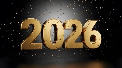 Golden "2026" numerals are displayed against a dark background, with confetti scattered around, signifying the upcoming year.