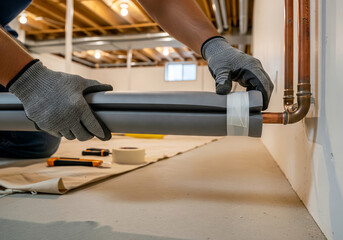 Caucasian man installs pipe insulation on copper pipe in a basement. Home improvement concept for energy efficiency and plumbing maintenance.