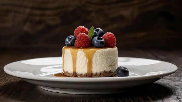 A small, creamy cheesecake is drizzled with caramel and topped with fresh berries and a mint leaf, presented on a white plate. Background is wood